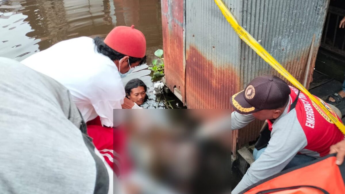 Petugas dibantu warga saat mengevakuasi mayat MF yang ditemukan mengambang di sungai. (Foto : Istimewa)