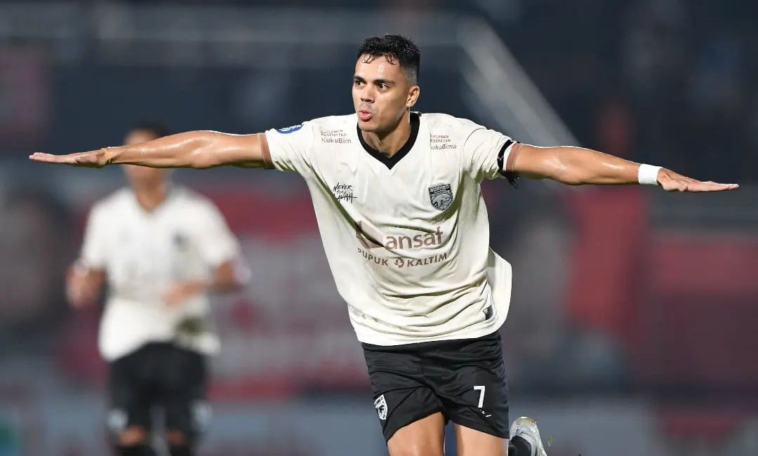 Selebrasi Mathues Pato dalam laga Borneo FC Vs Rans Nusantara di Stadion Segiri Samarinda. (Foto : Borneo FC)