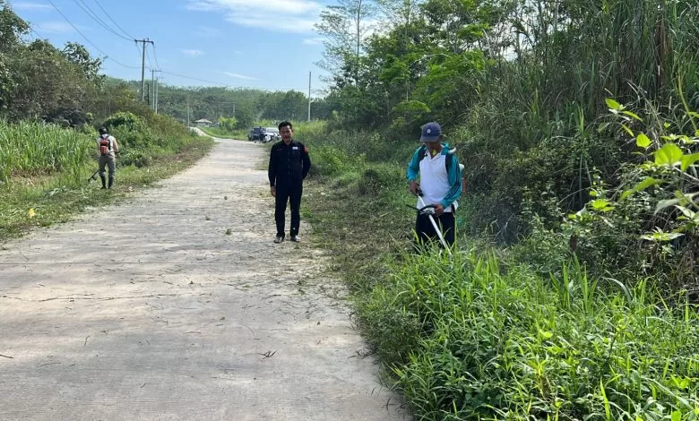 Proses pembersihan jalan utama Desa Mulawarman (Foto: Istimewa)