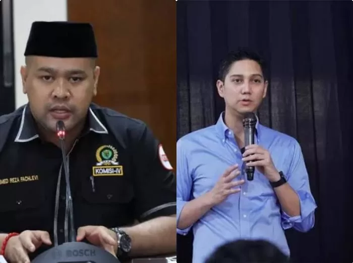Ketua Tidar Kalatim, Ahmad Reza Fahlevi (kiri), dan Wakil Ketua DPP Gerindra, Budisatrio Djiwandono (kanan)