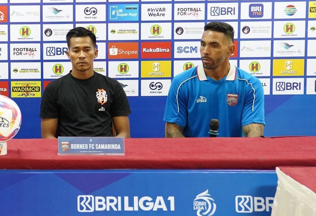 Pemain Borneo FC Samarinda, Angga Saputro saat di sesi konferensi pers menjelang pertandingan melawan Barito Putera.(Ist).