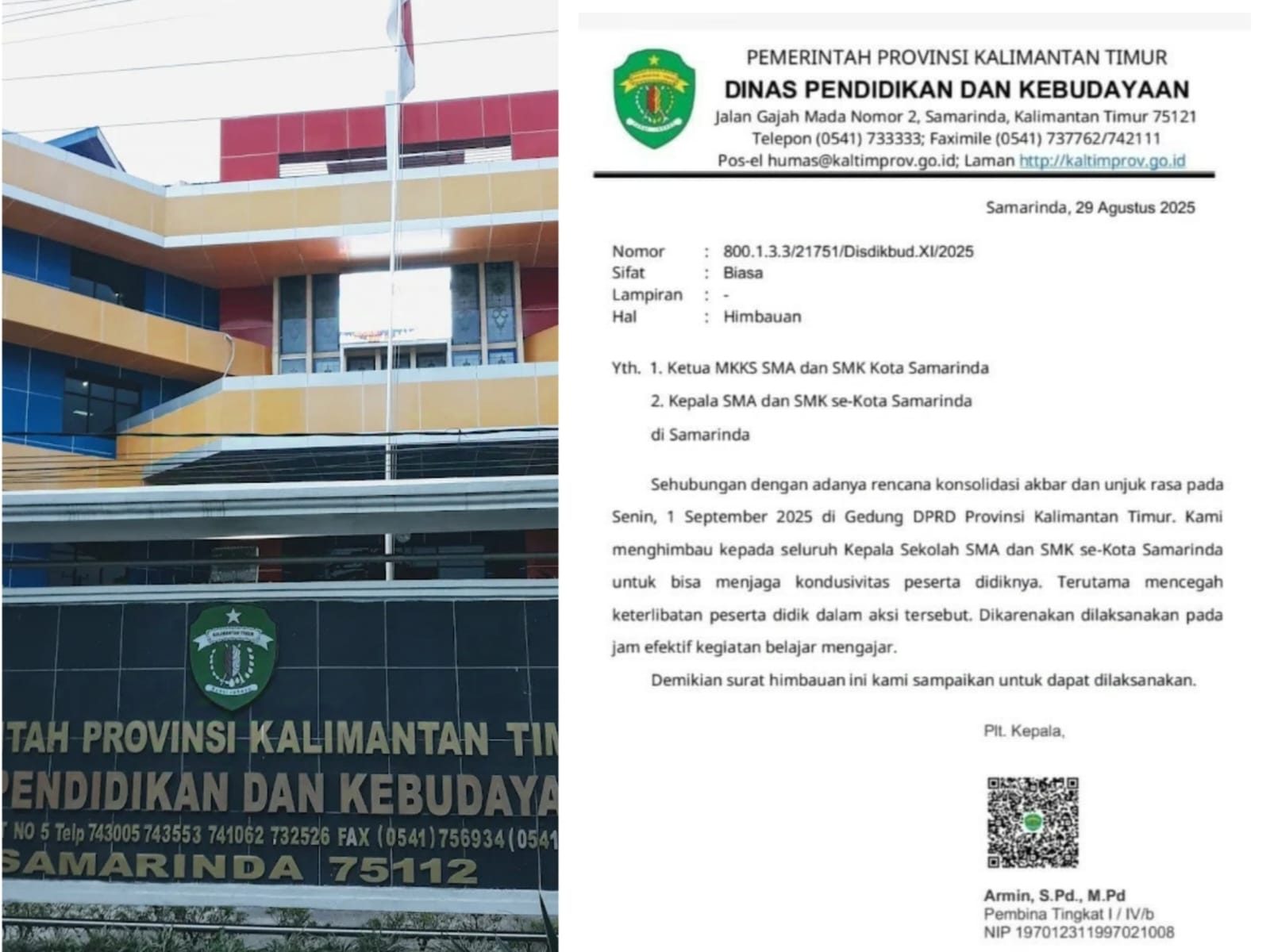 Surat himbauan kepada seluruh SMK/SMA, yang diterbitkan Disdikbud Kaltim.
(Ist)