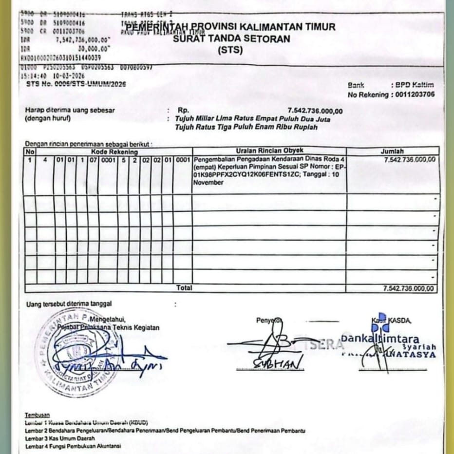 Salinan Surat Tanda Setoran (STS) pengembalian mobil dinas Gubernur Kaltim. (Dok: Diskominfo Kaltim)